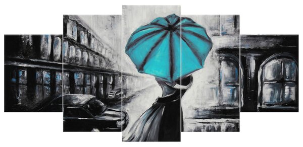 Ručne maľovaný obraz Tyrkysový bozk v daždi - 5 dielny Rozmery: 150 x 70 cm