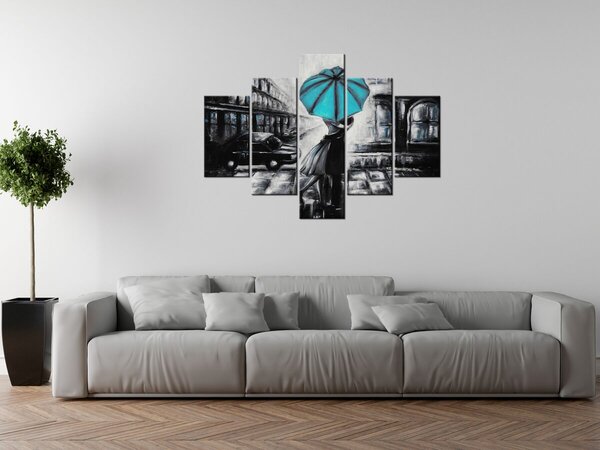Ručne maľovaný obraz Tyrkysový bozk v daždi - 5 dielny Rozmery: 150 x 70 cm