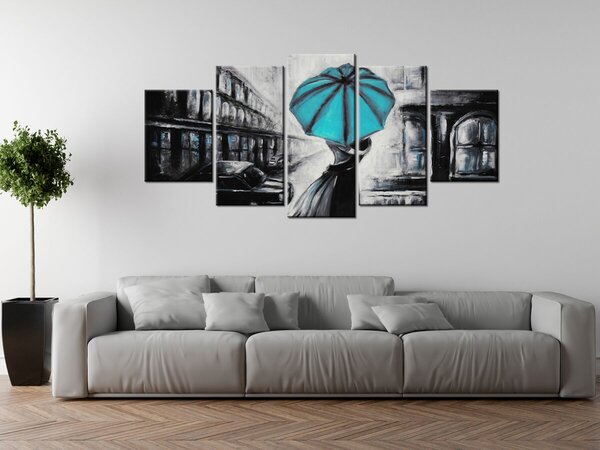 Ručne maľovaný obraz Tyrkysový bozk v daždi - 5 dielny Rozmery: 150 x 70 cm