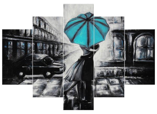 Ručne maľovaný obraz Tyrkysový bozk v daždi - 5 dielny Rozmery: 150 x 70 cm