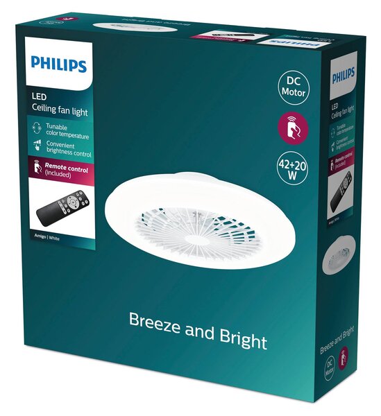 Philips Stropný ventilátor LED Amigo, lesklá biela, 49 cm,, Biela / opálová, Obývacia izba / jedáleň, Plast, Moderný, Závesné svietidlo