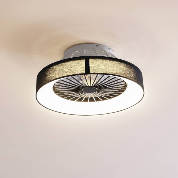 Stropný ventilátor Lindby LED Mace, čierny, tichý, Ø 47 cm, Čierna, Obývacia izba / jedáleň, Plast, Moderný, Závesné svietidlo