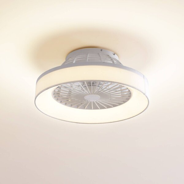 Stropný ventilátor Lindby LED Mace, biely, tichý,, Biela / opálová, Obývacia izba / jedáleň, Plast, Moderný, Závesné svietidlo