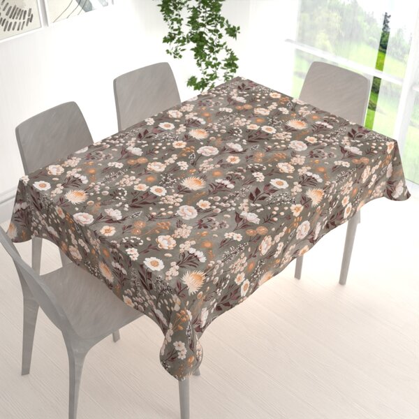 Biante Bavlnený obdĺžnikový obrus Sandra SA-788 Hnedofialové kvety na sivozelenom 50x100 cm