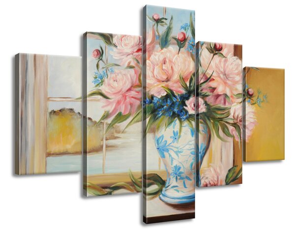 Ručne maľovaný obraz Farebné kvety vo váze - 5 dielny Rozmery: 100 x 70 cm