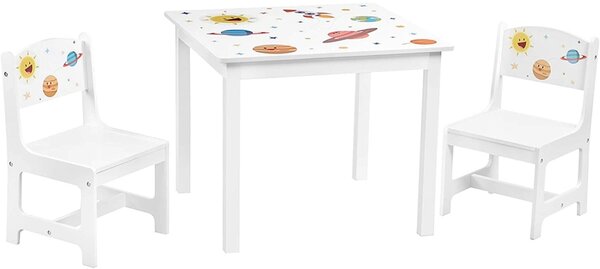 Detská stolová súprava, 3 diely, drevený stôl s 2 stoličkami, biela
