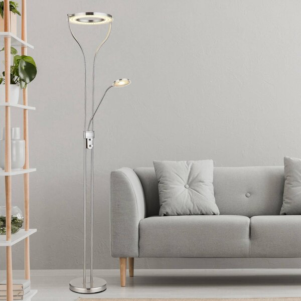 Globo LED stojacia lampa Ebro, výška 194 cm, farba niklu, 2 svetlá., Hliník / sivá / zinok, Obývacia izba / jedáleň, kov, Moderný, Zemné bodové svetlo