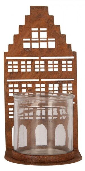 Hrdzavá dekorácia svietnik Domček M - 10*10*20 cm - Clayre & Eef