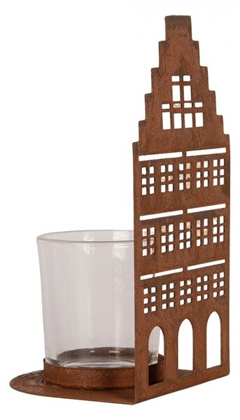 Hrdzavá dekorácia svietnik Domček S - 8*8*15 cm - Clayre & Eef
