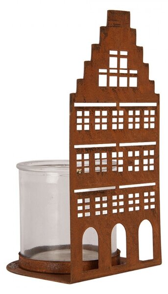 Hrdzavá dekorácia svietnik Domček M - 10*10*20 cm - Clayre & Eef