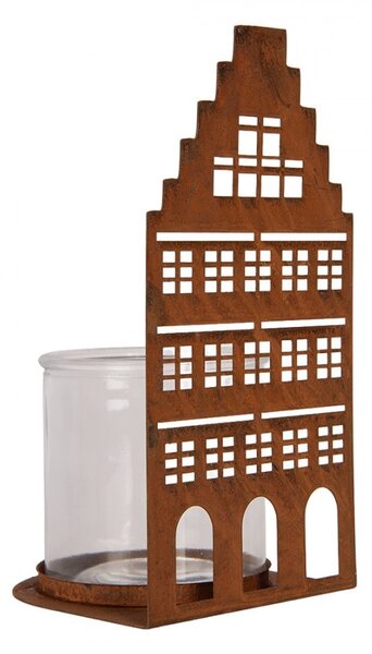 Hrdzavá dekorácia svietnik Domček - 12*12*24 cm - Clayre & Eef