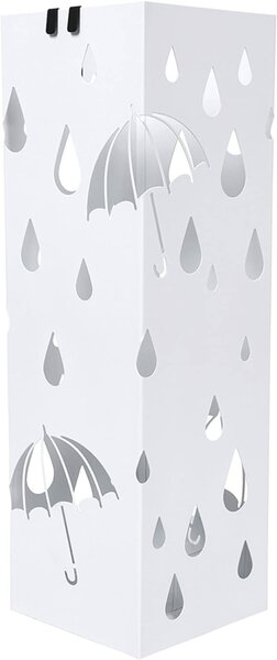 Kovový držiak na dáždniky s háčikmi a odkvapkávačom, 49 x 15,5 x 15,5 cm, biely