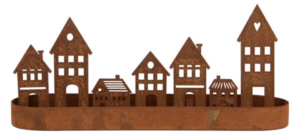 Hrdzavá dekorácia svietnik s domčekmi - 30*8*13 cm - Clayre & Eef