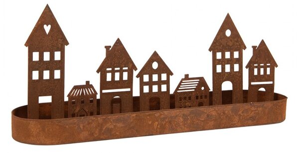 Hrdzavá dekorácia svietnik s domčekmi - 30*8*13 cm - Clayre & Eef