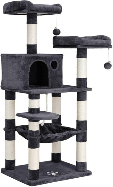 FEANDREA Škrabadlo pre mačky, mačací strom, 2 plyšové lôžka, 143 cm, šedé