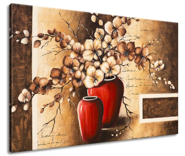Ručne maľovaný obraz Orchidei v červenej váze Rozmery: 120 x 80 cm