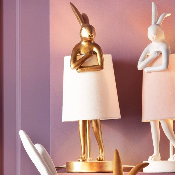 Kare stolová lampa Animal Rabbit, zlatá/biela, výška 50 cm, Mosadz / zlato, Obývacia izba / jedáleň, Textil / látka / hodváb, Dizajn, Stojacie svietidlo