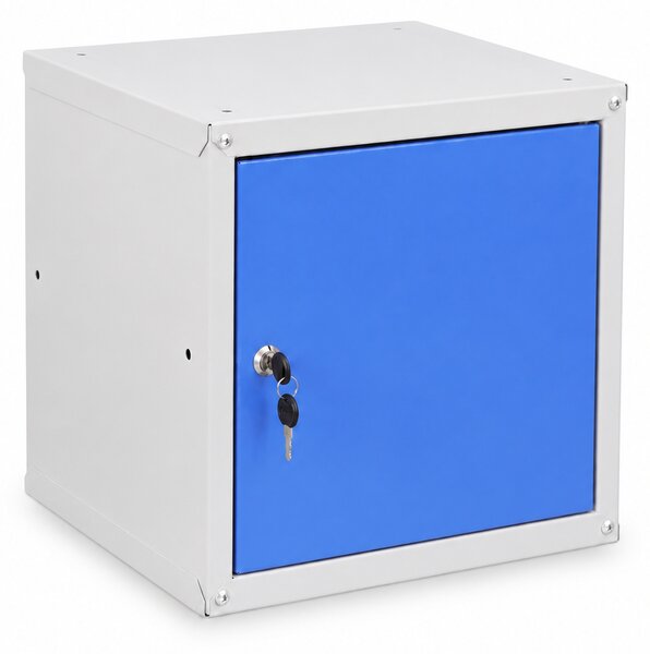 Šatníková skrinka s uzamykateľným boxom 350 x 350 x 350 mm, cylindrický zámok, modré dvere