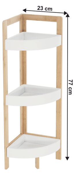 KONDELA Rohový regál, biela/prírodný bambus, FONG