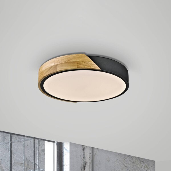 JUST LIGHT. Stropné LED svietidlo Bila, čierne, Ø 32 cm, drevo, Svetlé drevo, Obývacia izba / jedáleň, Drevo, Závesné svietidlo