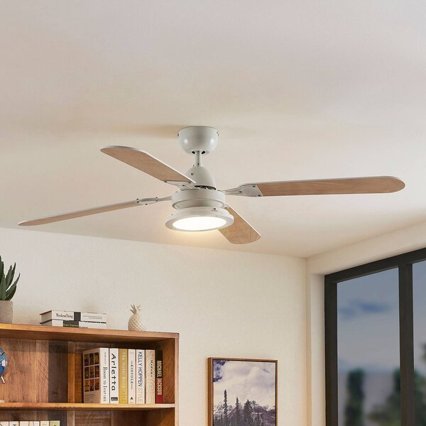 Stropný ventilátor Lindby LED Tedric, biely, tichý, Ø 133 cm, Biela / opálová, Obývacia izba / jedáleň, kov, Vintage