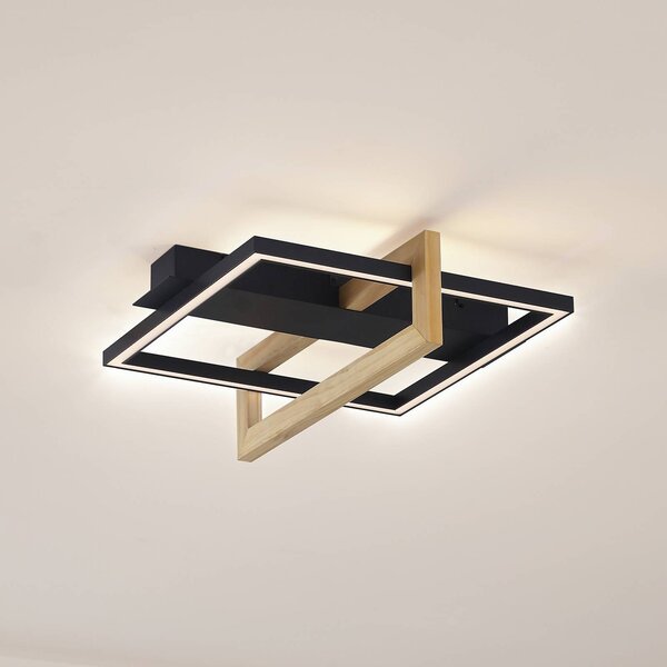 Lindby LED stropné svietidlo Holamu, 46 cm, čierna farba, drevo, kov, Čierna, Obývacia izba / jedáleň, Hliník, Moderný, Stropné svetlo
