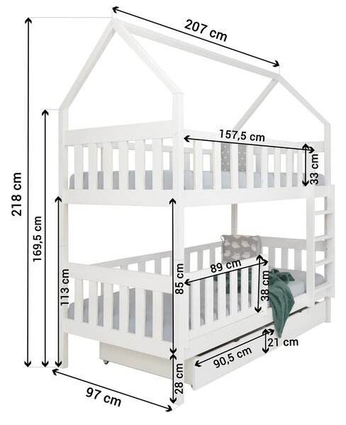 Wilsondo Poschodová posteľ Domček s úložným priestorom 90x200 - biela