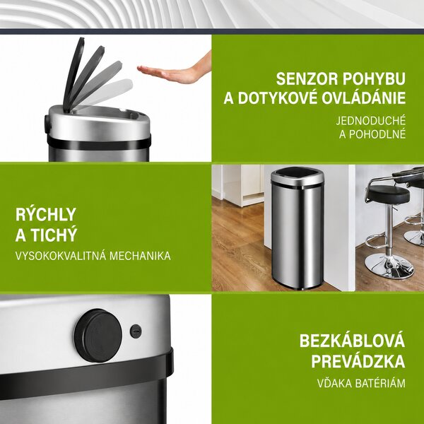 Bezdotykový hranatý odpadkový kôš 70 L - strieborný