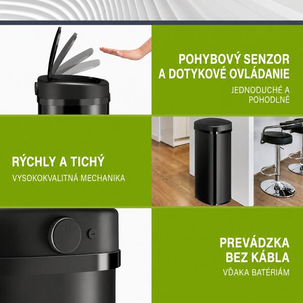 Bezdotykový hranatý odpadkový kôš 70 L - čierny