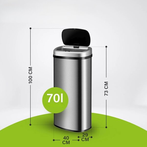 Bezdotykový hranatý odpadkový kôš 70 L - strieborný