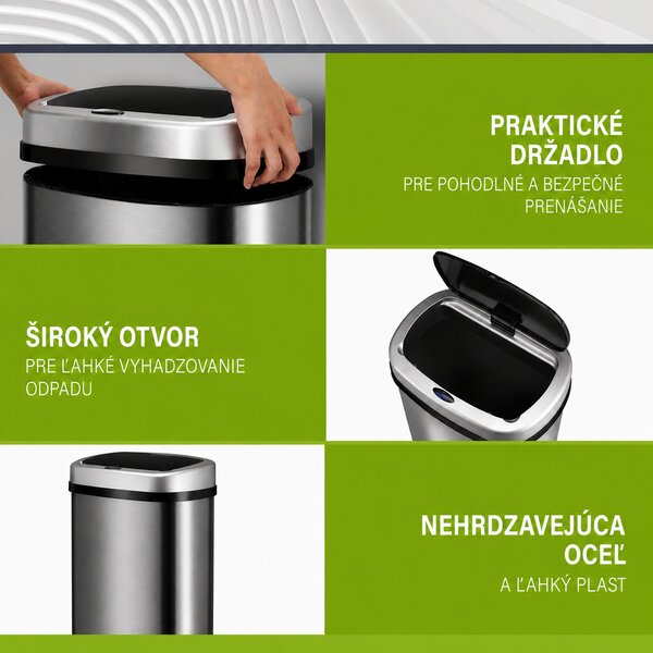 Bezdotykový hranatý odpadkový kôš 70 L - strieborný