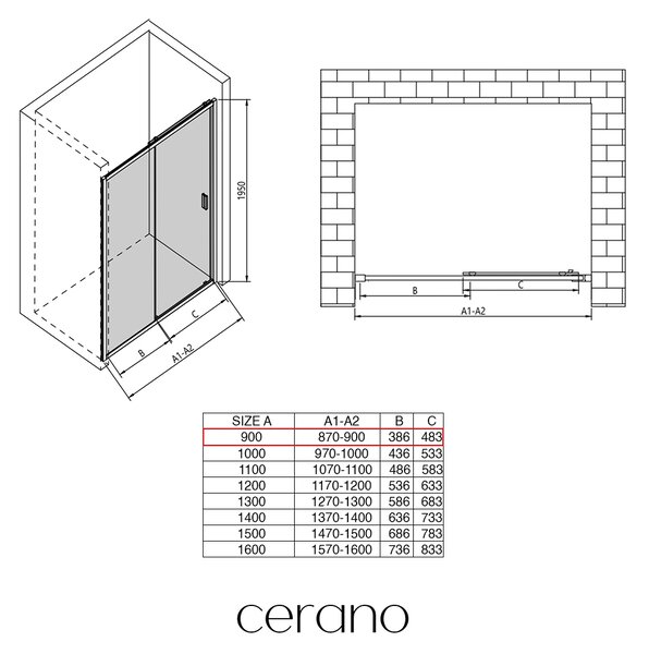 CERANO - Sprchové posuvné dvere Varone LINE Ľ/P - 6 mm - čierna matná, mliečne sklo - 90x195 cm