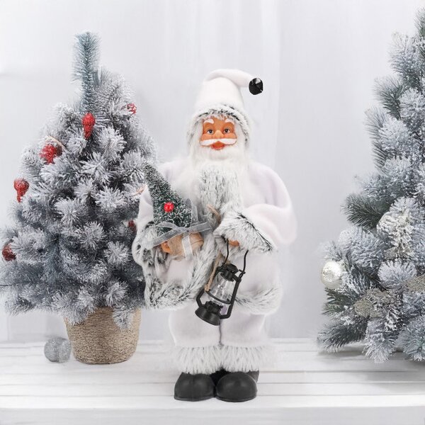Vianočná dekorácia Santa Claus s lampášom biela / sivá 30 cm