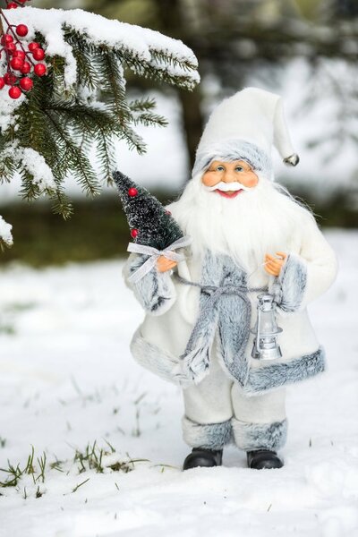 Vianočná dekorácia Santa Claus s lampášom biela / sivá 40 cm