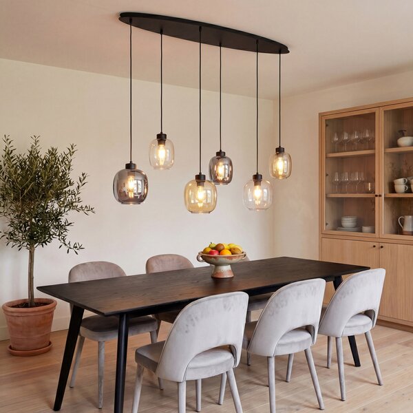 Závesná lampa čierna s jantárovým, dymovým a čírym sklom 6-svetiel - Elena