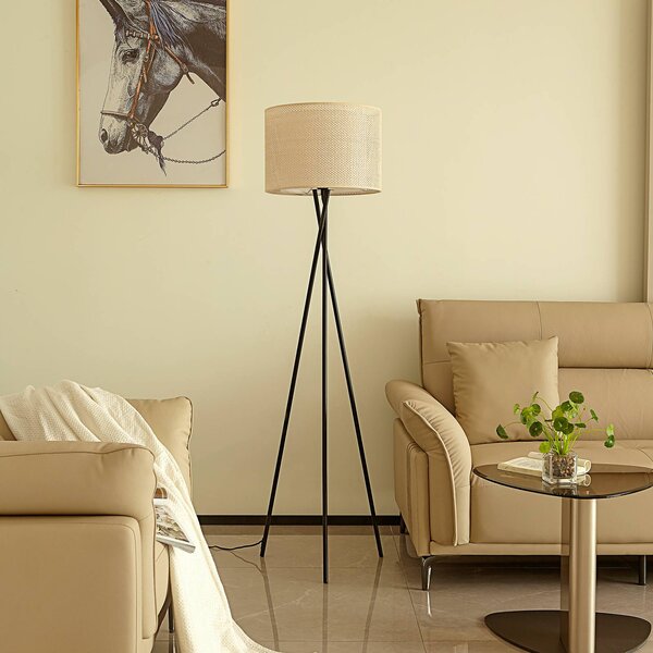 Stojacia lampa Lindby Soula, Ø 40 cm, béžová, plast, E27, Krémová / jantárovo žltá, Obývacia izba / jedáleň, Plast, Vidiecky / Rustikálny, Stojaca lampa