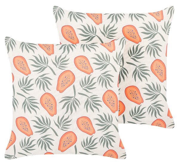 Sada 2 dekoratívnych vankúšov oranžová a zelená polyester 45 x 45 cm vzor papáje štvorcový letný motív dekoračný doplnok