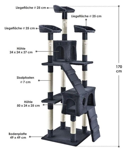 Mačacie škrabadlo 170 cm s pelieškami, domčekmi a stĺpikmi