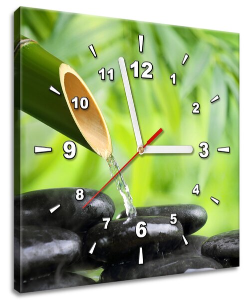 Obraz s hodinami Bambusový pramienok a kamene Rozmery: 30 x 30 cm