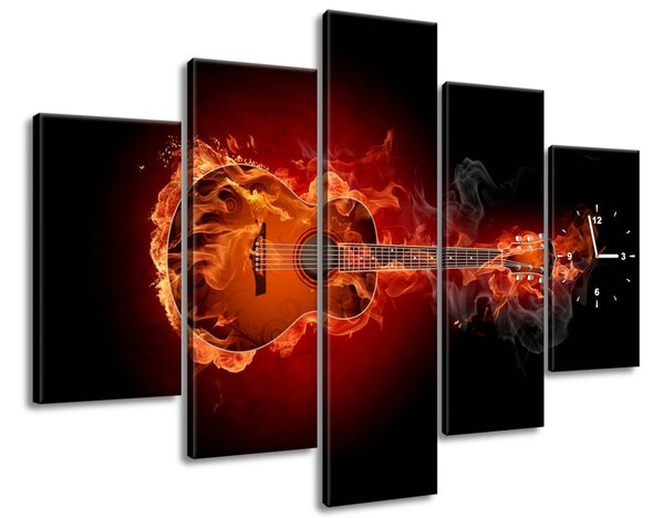 Obraz s hodinami Horiaca gitara - 5 dielny Rozmery: 150 x 105 cm