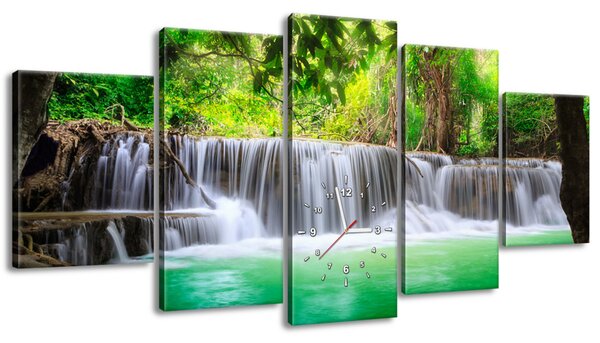 Obraz s hodinami Thajsko a vodopád v Kanjanaburi - 5 dielny Rozmery: 150 x 70 cm
