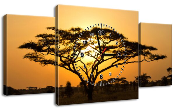 Obraz s hodinami Akácia v Serengeti - 3 dielny Rozmery: 80 x 40 cm
