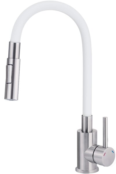 Deante Neo Luno, drezová batéria so silikónovým ramenom a spŕškou, biela-oceľová, DEA-BOC_W740