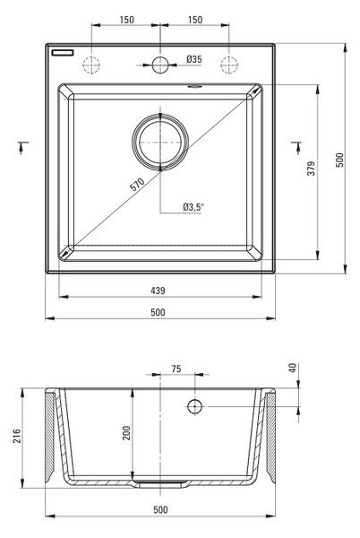 Deante Evora, 1-komorový granitový drez 500x500x216 + čierna drezová batéria, béžová, DEA-ZQJN5103