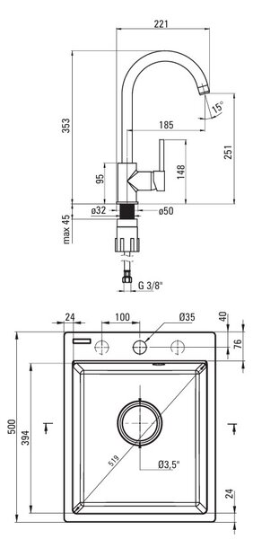 Deante Corio, granitový 1-komorový drez 500x400x211mm + čierna drezová batéria, šedá metalíza, DEA-ZRCBS103