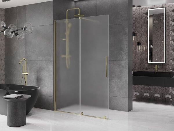 Mexen Velar, sprchová zástena s posuvnými dverami Walk-in 150 x 200 cm, 8mm sklo námraza, zlatá lesklá, 871-150-000-33-50
