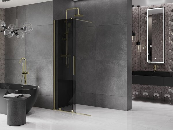 Mexen Velar, sprchová zástena s posuvnými dverami Walk-in 100 x 200 cm, 8mm šedé sklo, zlatá lesklá, 871-100-000-43-50