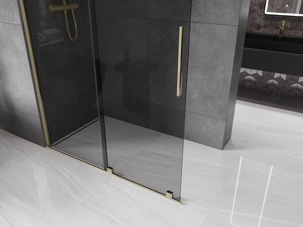 Mexen Velar, sprchová zástena s posuvnými dverami Walk-in 140 x 200 cm, 8mm šedé sklo, zlatá lesklá, 871-140-000-43-50