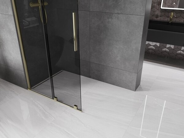 Mexen Velar, sprchová zástena s posuvnými dverami Walk-in 100 x 200 cm, 8mm šedé sklo, zlatá lesklá, 871-100-000-43-50
