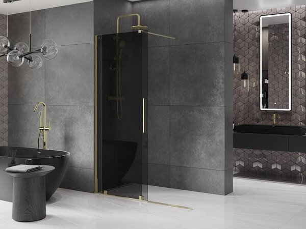Mexen Velar, sprchová zástena s posuvnými dverami Walk-in 140 x 200 cm, 8mm šedé sklo, zlatá lesklá, 871-140-000-43-50